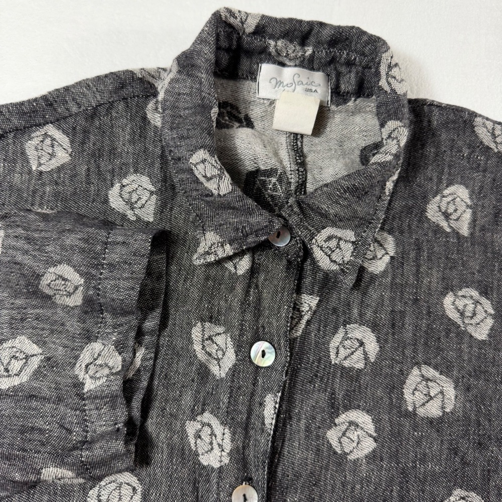 Vtg Mosaic 100% Linen Rose Shirt Women S Grey Floral Lagenlook Button Up USA EUC